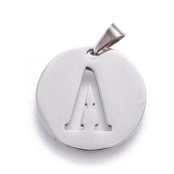 201 Stainless Steel Pendants, Flat Round with Letter, Stainless Steel Color, Letter A, 20x1.3mm, Hole: 4x3mm