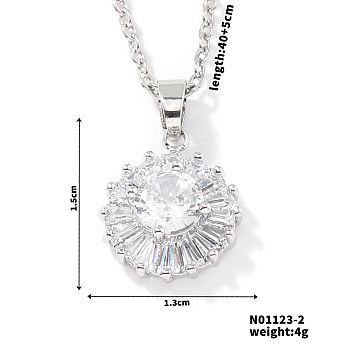 Brass Pave Cubic Zirconia Geometric Flat Round Pendant Necklaces, Silver Color Plated, Clear, 15.75 inch(40cm)