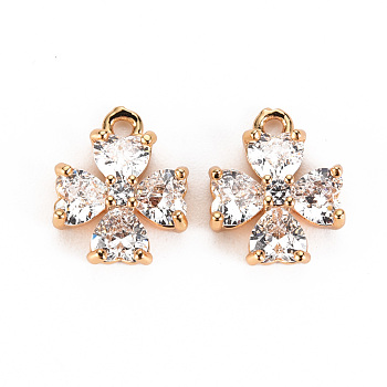 Brass Micro Pave Clear Cubic Zirconia Charms, Nickel Free, Clover, Real 18K Gold Plated, 11.5x8.5x4mm, Hole: 1.2mm