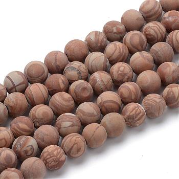 Natural Wood Lace Stone Round Bead Strands, Frosted Style, 8~8.5mm, Hole: 1mm, about 47pcs/strand, 15.5 inch