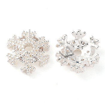 Brass Micro Pave Clear Cubic Zirconia Bead Caps, Flower, 925 Sterling Silver Plated, 10x10x3mm, Hole: 1.5mm