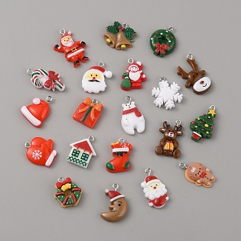 10Pcs Christmas Theme Opaque Resin Pendants, Christmas Charms, with Platinum Tone Iron Loops, Snowflake & Christmas Tree & Santa Claus & Sock, Mixed Shapes, 19~27.5x13~20.5x4.5~6mm, Hole: 2mm