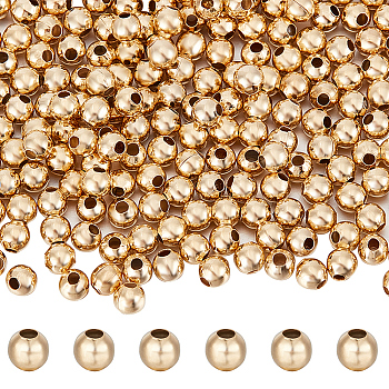 400Pcs 304 Stainless Steel Beads, Round, Real 24K Gold Plated, 4x3.5mm, Hole: 1.6mm