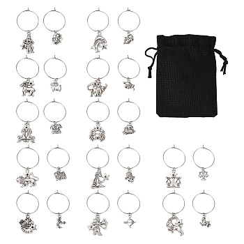 48Pcs 24 Style 12 Constellations Alloy Wine Glass Charms with Rhinestone, with 316 Surgical Stainless Steel Hoop Earring Findings, Antique Silver, 44~57mm, Pin: 0.7mm, 2Pcs/style