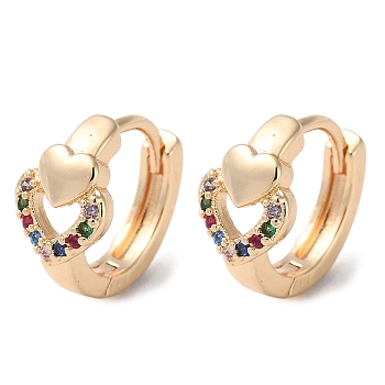 Rack Plating Brass Micro Pave Colorful Cubic Zirconia Hoop Earrings, Hollow Heart, Light Gold, 13x7.5mm