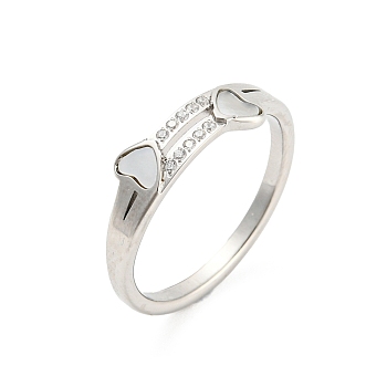 304 Stainless Steel Finger Ring with Rhinestone, Heart, Stainless Steel Color, US Size 8(18.1mm)