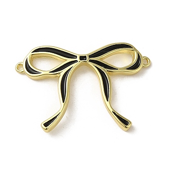 Brass Enamel Connector Charms, Bowknot Link, Real 18K Gold Plated, Black, 21.5x32x3mm, Hole: 1mm