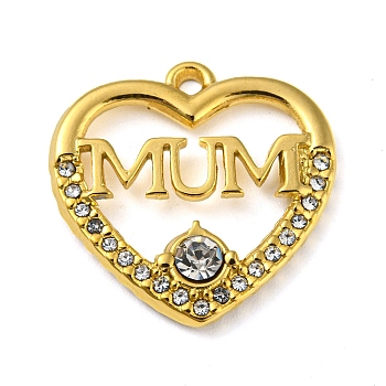 Ion Plating(IP) Real 18K Gold Plated 304 Stainless Steel Rhinestone Pendants, Heart with Word Mum Charms, for Mother's Day, Crystal, 19x19x3mm, Hole: 1.5mm