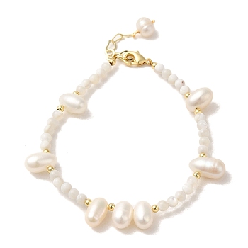 Natural Pearl & Shell Beaded Bracelets, with Brass Clasps, Real 14K Gold Plated, 6-7/8 inch(17.5cm)