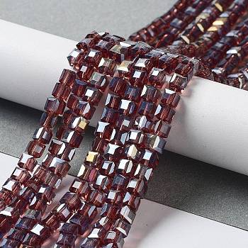 Electroplate Glass Beads Strands, AB Color Plated, Faceted, Cube, Coconut Brown, 4x4x4mm, Hole: 1mm, about 100pcs/strand, 17 inch