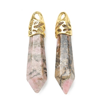 Bullet Natural Rhodonite Pendants, with Platinum Tone Alloy Findings, 33~40x8~10mm, Hole: 3x2mm