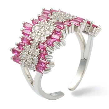 Brass Micro Pave Cubic Zirconia Cuff Rings, Open Rings, Deep Pink, Platinum, US Size 6, Inner Diameter: 17mm