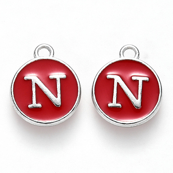 Platinum Plated Alloy Enamel Charms, Cadmium Free & Lead Free, Enamelled Sequins, Flat Round with Letter, Red, Letter.N, 14x12x2mm, Hole: 1.5mm