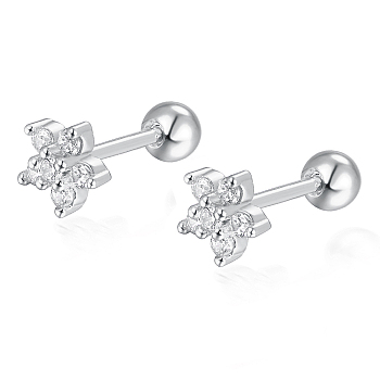 S925 Sterling Silver Flower Stud Earrings, with Cubic Zirconia, Silver, Silver, 5x3mm