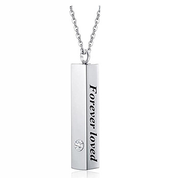 Cuboid with Word Forever Loved Urn Ashes Pendant Necklace with Rhinestone, 201 Stainless Steel Pet Memorial Jewelry for Men Women, Stainless Steel Color, 19.6 inch(50cm)