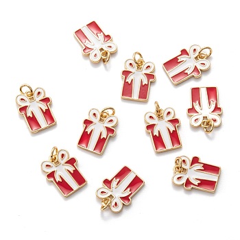 Real 18K Gold Plated Brass Enamel Pendants, with Jump Ring, for Christmas, Gift Box, Red, 16x12x1.5mm, Hole: 3.4mm