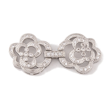 Rack Plating Brass Micro Pave Clear Cubic Zirconia Fold Over Clasps, Long-Lasting Plated, Lead Free & Cadmium Free, Flower, Platinum, 40mm, Flower: 18.5x17.5x5mm, Clasp: 24x17.5x4.8mm