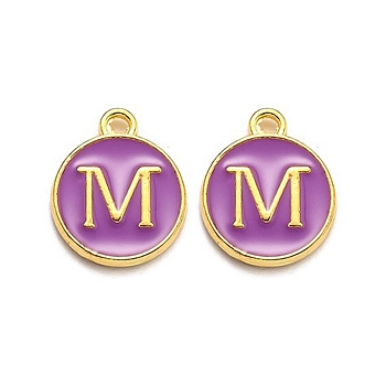 Golden Plated Alloy Enamel Charms, Enamelled Sequins, Flat Round with Alphabet, Letter.M, Purple, 14x12x2mm, Hole: 1.5mm