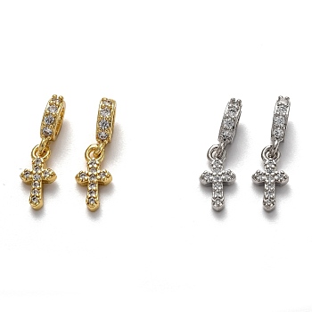 Brass Micro Pave Cubic Zirconia European Dangle Charms, Large Hole Pendants, Long-Lasting Plated, Cross, Mixed Color, 20mm, Cross: 12x6x2mm, Hole: 5x3mm