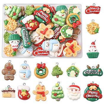 30Pcs 15 Styles Christmas Opaque Resin Pendants, with Platinum Iron Loop, Mixed Shapes, Mixed Color, 15~28x17~28x6.5~10mm, Hole: 2mm, 2pcs/style