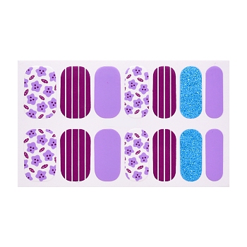 Fruit Floral Leopard Print Full Wrap Nail Polish Stickers, Self-Adhesive Glitter Powder Nail Decal Strips, with Free Manicure Buffer Files, Medium Purple, 25x8.5~15mm, 14pcs/sheet
