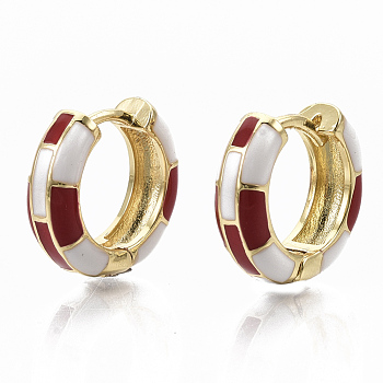 Brass Huggie Hoop Earrings, with Two Tone Enamel, Real 18K Gold Plated, FireBrick, 16x16.5x5mm, Pin: 1x1mm