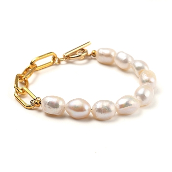 Natural Baroque Pearl Keshi Pearl Beaded Bracelets, with Iron Paperclip Chains and 304 Stainless Steel Toggle Clasps, Golden, 7.28~7.68 inch(18.5~19.5cm)