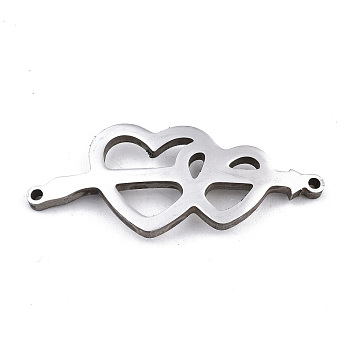 304 Stainless Steel Link Connectors, Laser Cut, Double Heart, Stainless Steel Color, 12.5x30x1.5mm, Hole: 1mm