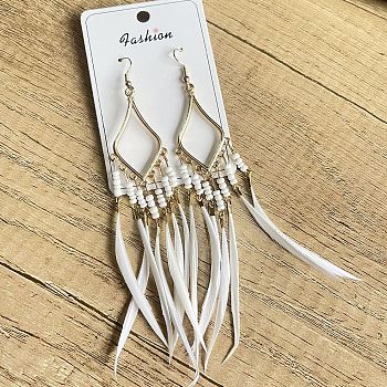 Bohemian Style Alloy Glass Seed Beaded Feather with Rhombus Chandelier Earrings, Golden, White, 120mm