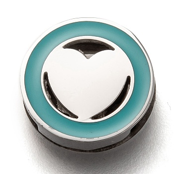 304 Stainless Steel Slide Charms, Enamel Style, Flat Round with Heart, Dark Turquoise, Stainless Steel Color, 12x3.5mm, Hole: 8x1.5mm
