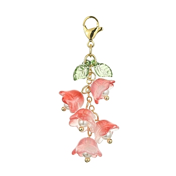 Glass & Acrylic Pendant Decorations, with 304 Stainless Steel Lobster Claw Clasps, Flower & Leaf, Red, 52.5mm