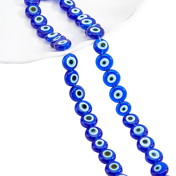 Handmade Evil Eye Lampwork Beads Strands, Flat Round, Blue, 7.5x3mm, Hole: 1mm, about 48pcs/strand, 13.70''~14.9"(34.8cm)
