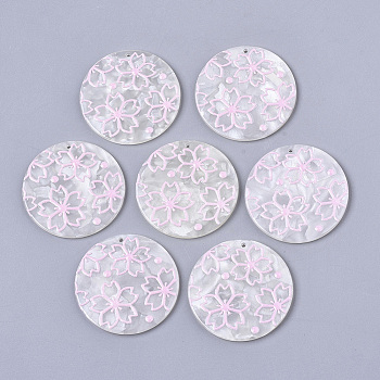 Cellulose Acetate(Resin) Pendants, 3D Printed, Flat Round, Sakura Flower Pattern, Pearl Pink, 39x2.5mm, Hole: 1.6mm