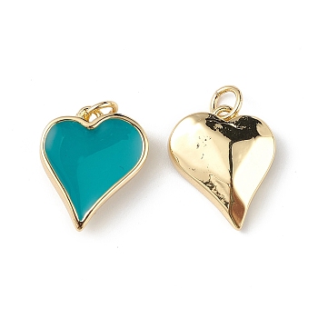 Eco-Friendly Rack Plating Brass Enamel Pendants, Lead Free & Cadmium Free, Long-Lasting Plated, Heart Charm, Real 18K Gold Plated, Teal, 16.5x14x5mm, Hole: 3.5mm
