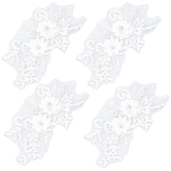 4Pcs Polyester Computerized Embroidered Appliques, with Rhinestone & Resin Bead, Flower, White, 263x131x6.5mm
