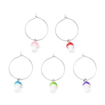 Mushroom Resin Wine Glass Charms Decoration, with Brass Hoop Earrings Findings, Mixed Color, 44mm