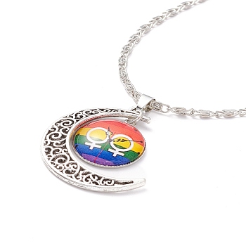 Rainbow Pride Necklace, Flat Round with Pattern & Moon Pendant Necklace for Men Women, Antique Silver & Platinum, Gender Symbol, 18.31 inch(46.5cm)