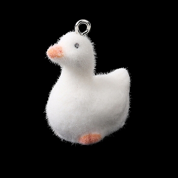 Flocking Opaque Resin Pendants, with Platinum Tone Iron Loops, White, Duck Charm, 28x17x21.5mm, Hole: 2mm