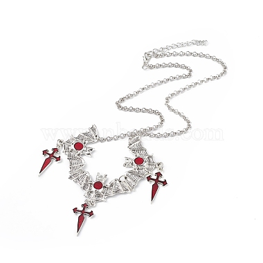FireBrick Enamel Bat with Cross Pendant Necklace & Dangle Earrings(SJEW-G081-03AS)-3