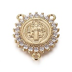 Brass Cubic Zirconia Chandelier Component Links, Cadmium Free & Lead Free, 3 Loop Connectors, Religion, Flower with Saint Benedict, Clear, Golden, 18.5x16x2.5mm, Hole: 1mm(ZIRC-F108-02G)