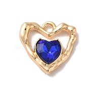 Rack Plating Alloy Pandants, with Glass, Nickel Free, Heart Charms, Golden, Dark Blue, 19x19x5mm, Hole: 2.3mm(PALLOY-Q443-04G-04)