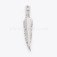 304 Stainless Steel Pendants, Feather, Stainless Steel Color, 28.5x6x2mm, Hole: 1.5mm(STAS-E421-085P)