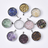 Dyed/Electroplate Natural Gemstone or Rhinestone Pendants, with Transparent Glass and 304 Stainless Steel Open Back Cabochon Settings, Flat Round, Stainless Steel Color, 27.5x25x7mm, Hole: 2.5x5mm(G-R463-03)