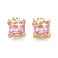 Brass Inlaid Cubic Zirconia Charms, Real 18K Gold Plated, Square with Star, Pearl Pink, 11x9.5x6.5mm, Hole: 1.6mm(KK-N231-291B)