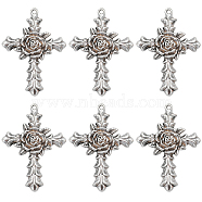 10Pcs Tibetan Style Alloy Big Pendants, Cross with Rose Charm, Antique Silver, 55.5x40x7mm, Hole: 2.2mm(FIND-SC0005-83)