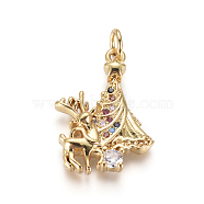Brass Micro Pave Cubic Zirconia Pendants, with Jump Rings, Christmas Reindeer/Stag & Christmas Tree, for Christmas, Colorful, Golden, 21.5x15.5x3.5mm, Hole: 3.5mm(ZIRC-L085-15G)