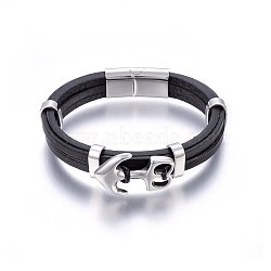 Leather Cord Bracelets, with 304 Stainless Steel Magnetic Clasp, Anchor, Stainless Steel Color, 8-1/4 inch(21cm), 12~21x5~12mm(BJEW-G603-12P)