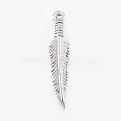 Tarnish Resistant 304 Stainless Steel Pendants, Feather, Stainless Steel Color, 28.5x6x2mm, Hole: 1.5mm(STAS-E421-085P)