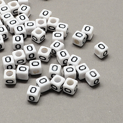 Large Hole Acrylic Letter European Beads, Horizontal Hole, White & Black, Cube with Letter.O, 6x6x6mm, Hole: 4mm(X-SACR-Q103-6mm-01O)