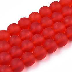 Transparent Glass Beads Strands, Frosted, Round, Red, 9.5~10mm, Hole: 1.5mm, about 41~42pcs/strand, 14.88~15.12 inch(37.8~38.4cm)(X-GLAA-T032-T10mm-MD09)